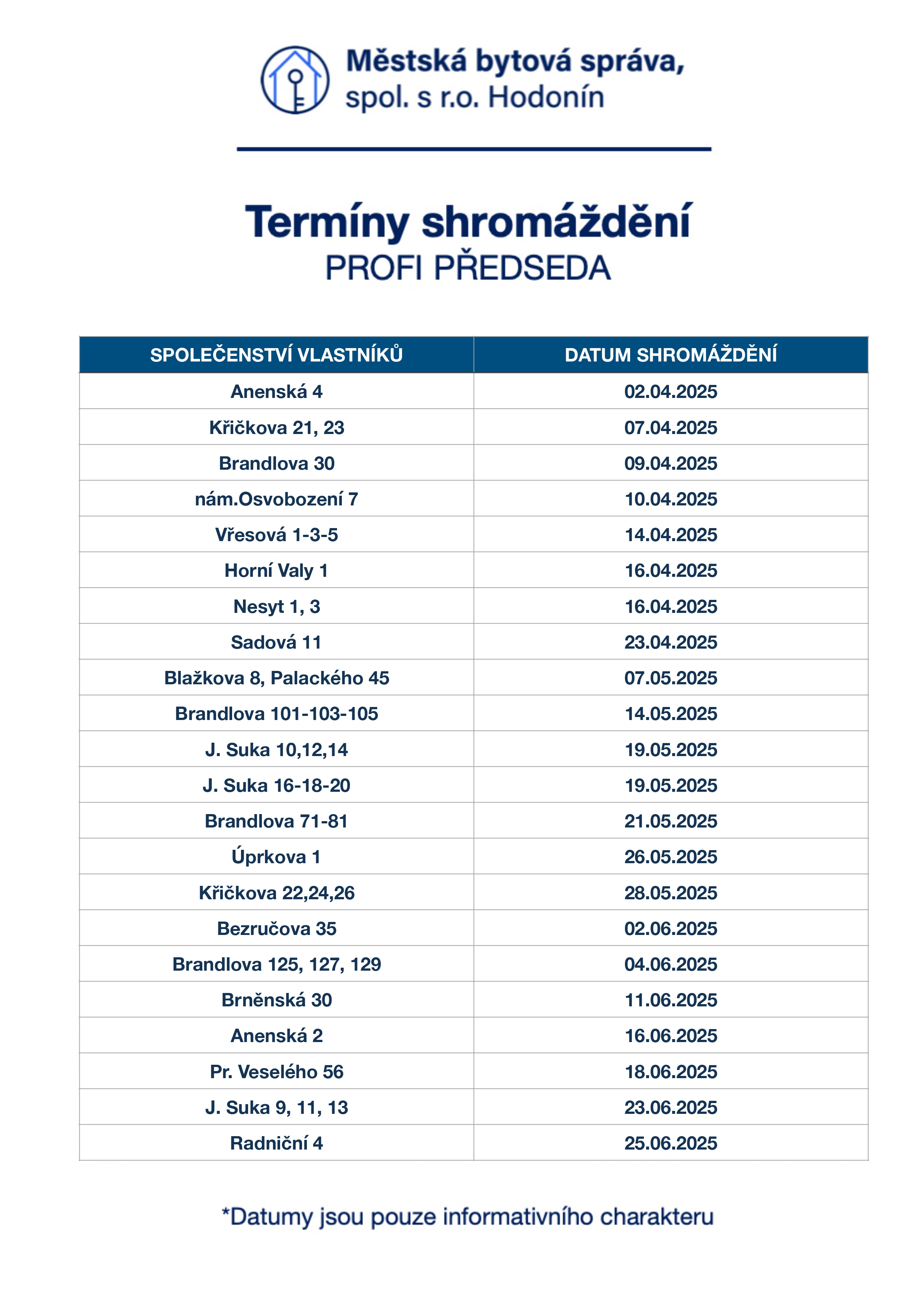 Tabulka termínů shromáždění
