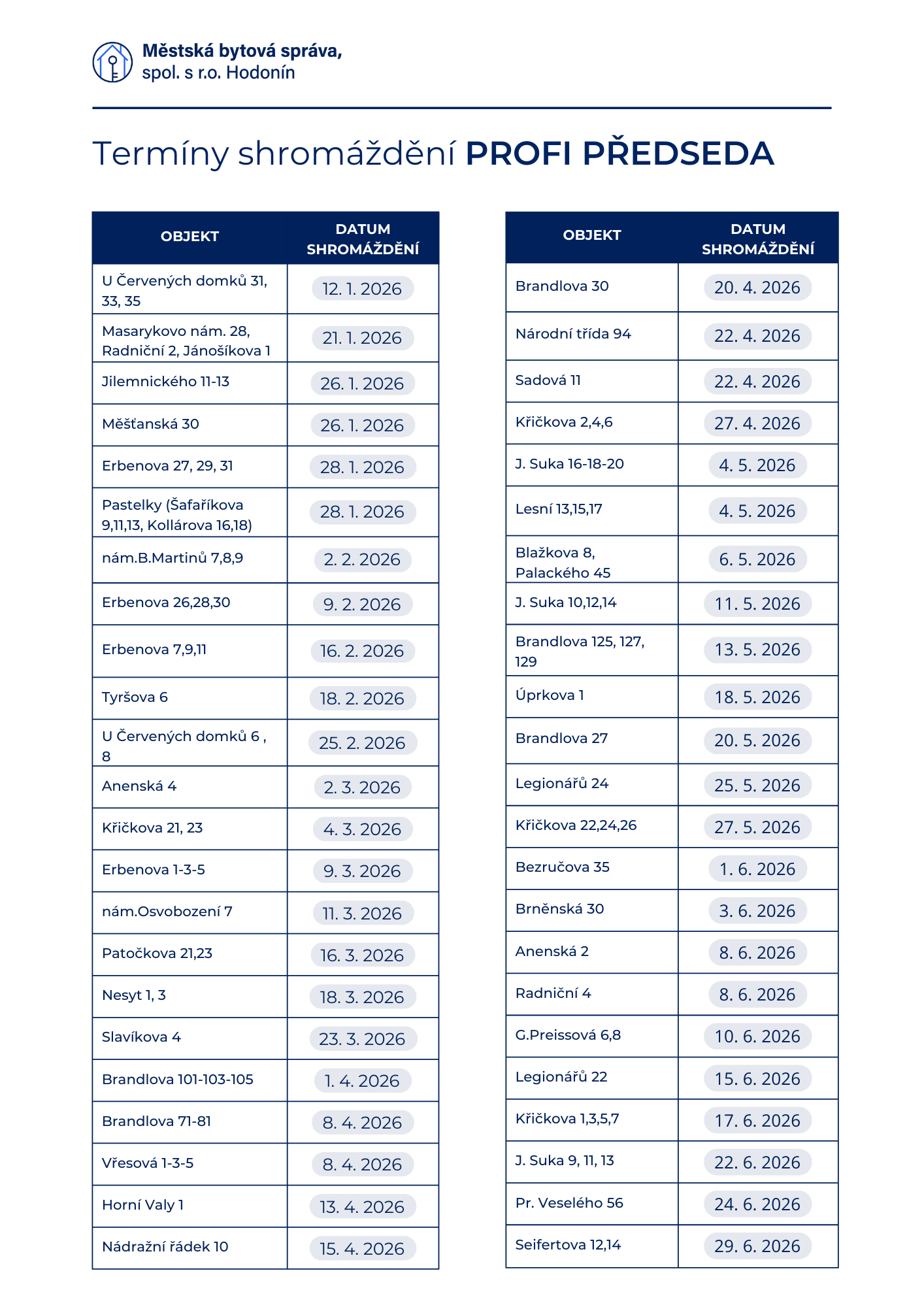 Tabulka termínů shromáždění